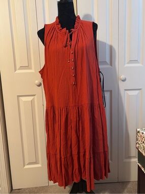 NWT Calvin Klein Sleeveless Ruffle Tie-Neck Tiered Dress in Rust